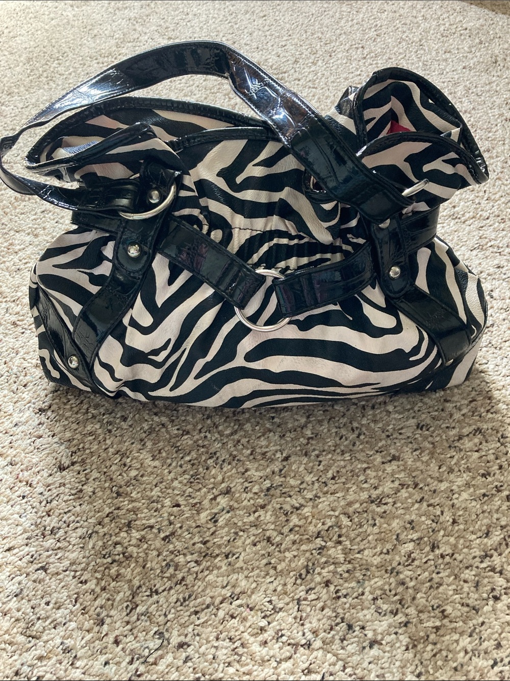 Zebra Print Tote with Hot Pink Interior and Black Trim